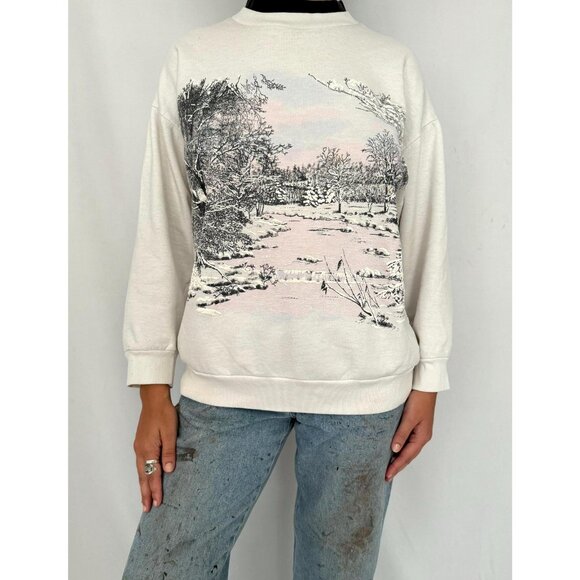 90s vintage white snowy winter festive holiday graphic pullover sweatshirt - Picture 1 of 9